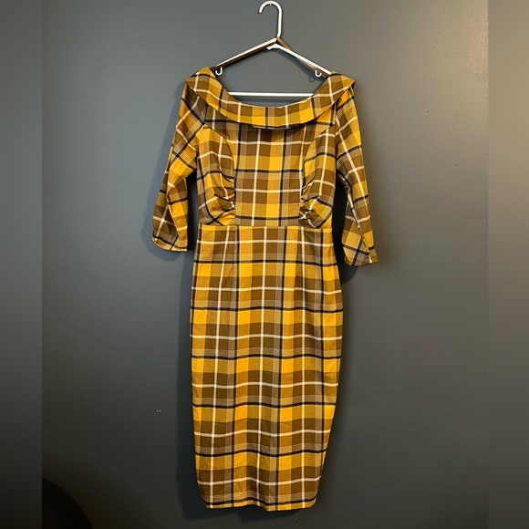 Collectif Cheyenne Moonhill Check 50’s Pencil Dress Mustard Small - Picture 2 of 4
